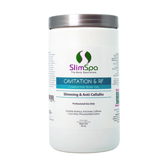 Cavitation RF Body Gel 32oz application on skin — professional anti-cellulite slimming gel for ultrasound treatments | SlimSpa