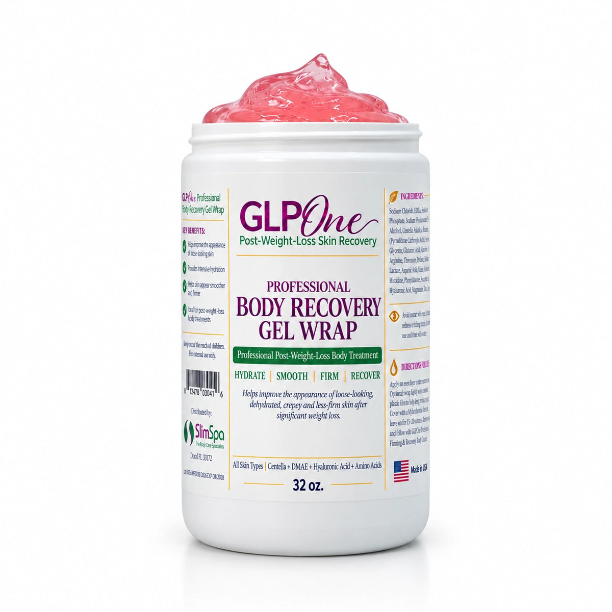 A white plastic jar of SinRoo GLPOne Professional Body Recovery Gel Wrap, filled with pink gel and topped with a mound of the pink product, set against a plain white background.
