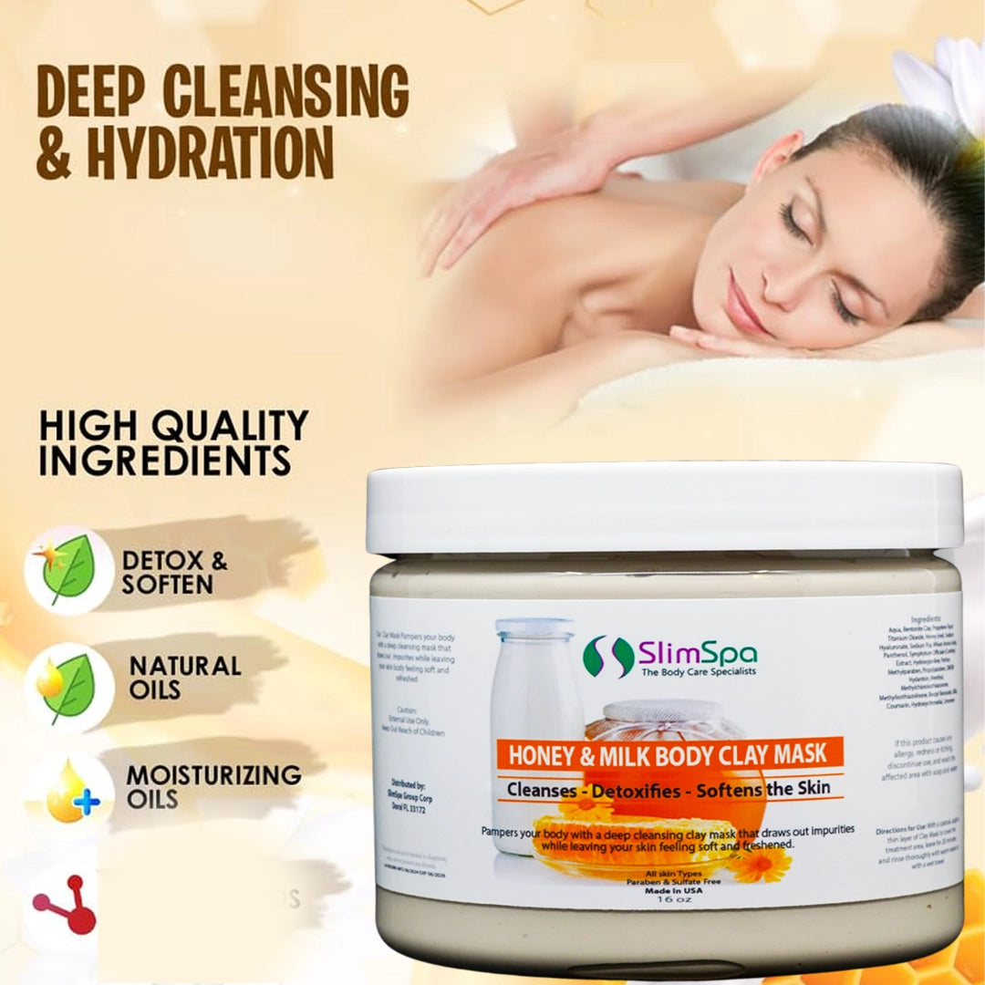 Mascarilla corporal de arcilla con miel y leche, 16 oz.