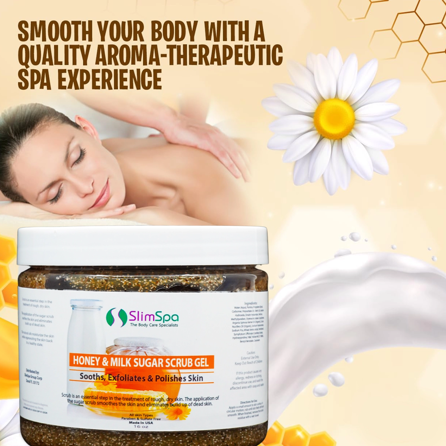 Exfoliante corporal de azúcar con miel y leche, 16 oz.