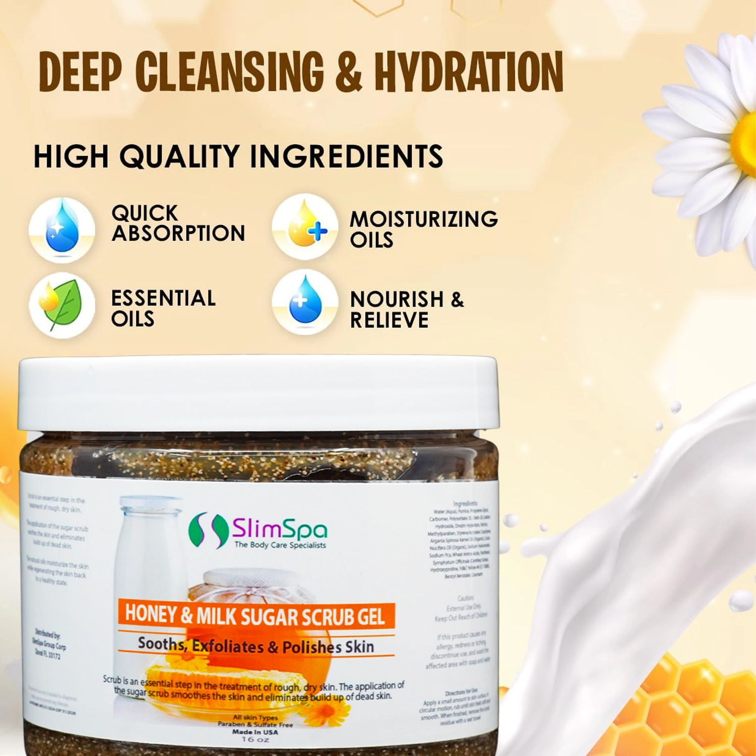 Exfoliante corporal de azúcar con miel y leche, 16 oz.