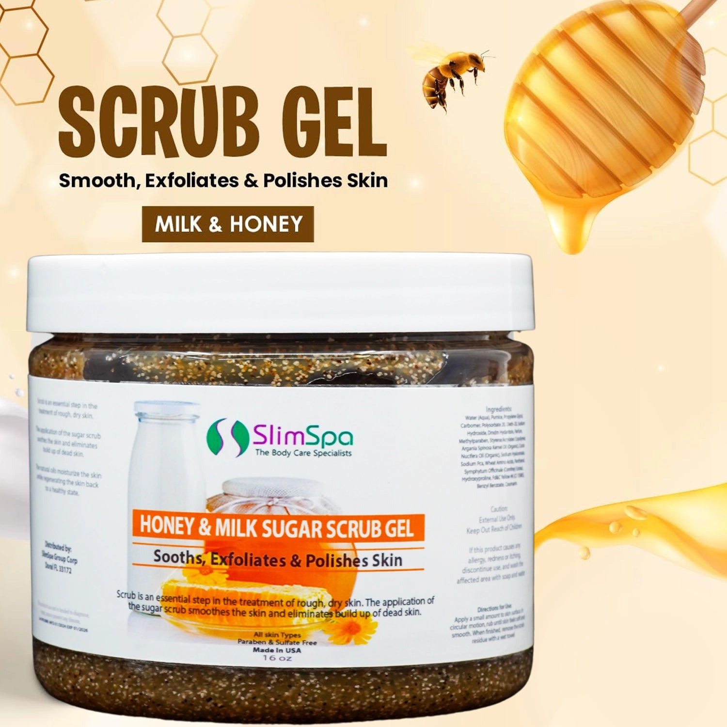 Exfoliante corporal de azúcar con miel y leche, 16 oz.
