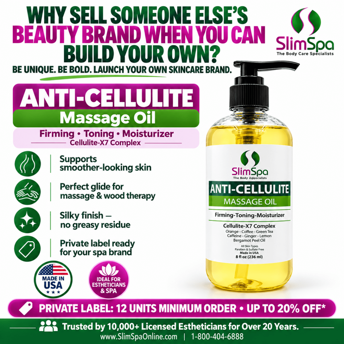 Anti-Cellulite Massage Oil 8oz – Professional Caffeine & Botanical Body Contouring Spa Oil - SlimSpaOnline