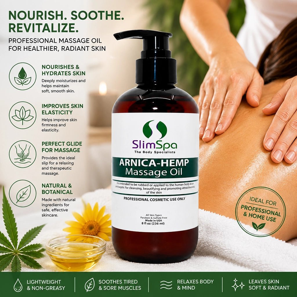 Arnica-Hemp Massage Body Oil 8oz – Professional Pain Relief & Muscle Recovery Massage Oil - SlimSpaOnline