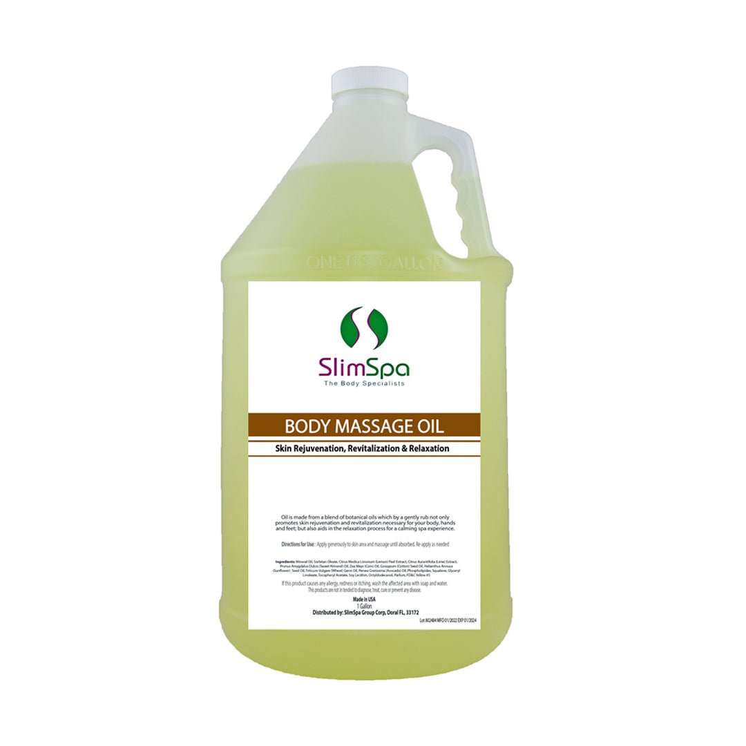 Body Massage Oil 1 Gallon label detail — professional spa anti-cellulite treatment oil for licensed estheticians | SlimSpa