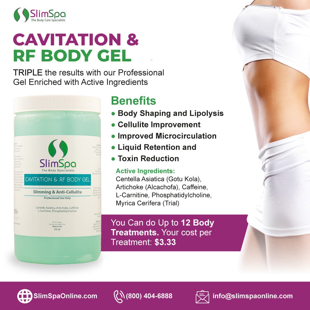 Cavitation & Radiofrequency RF Combo Gel 32oz label detail — professional body contouring formula for spas | SlimSpa