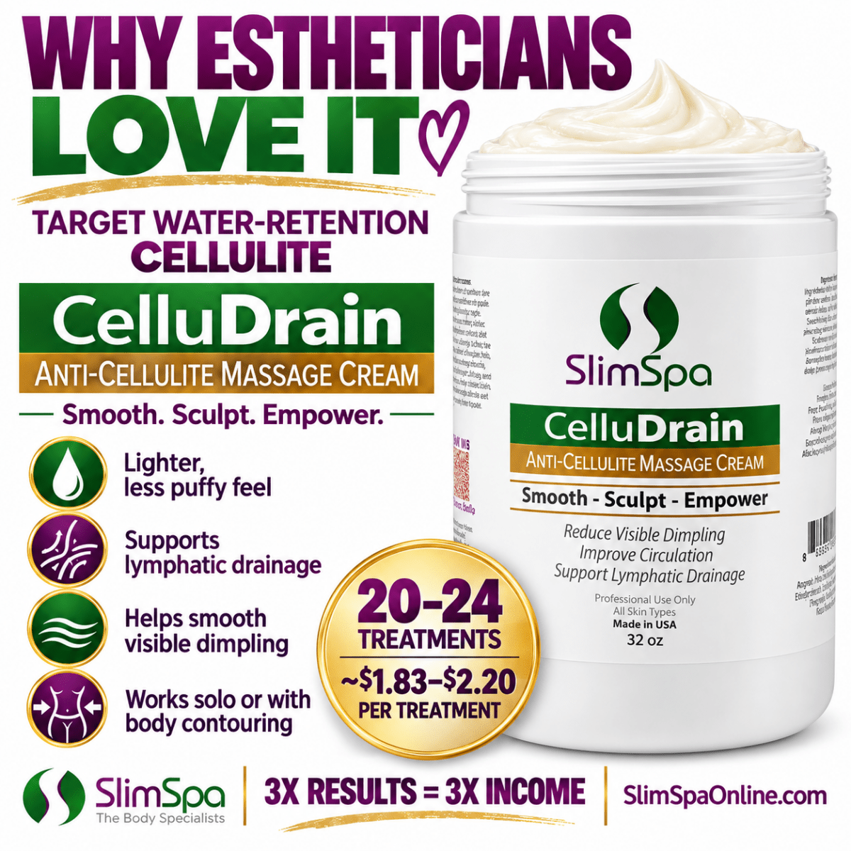 CelluDrain Anti-Cellulite Massage Cream 32oz – Professional Lymphatic Drainage & Body Sculpting - SlimSpaOnline