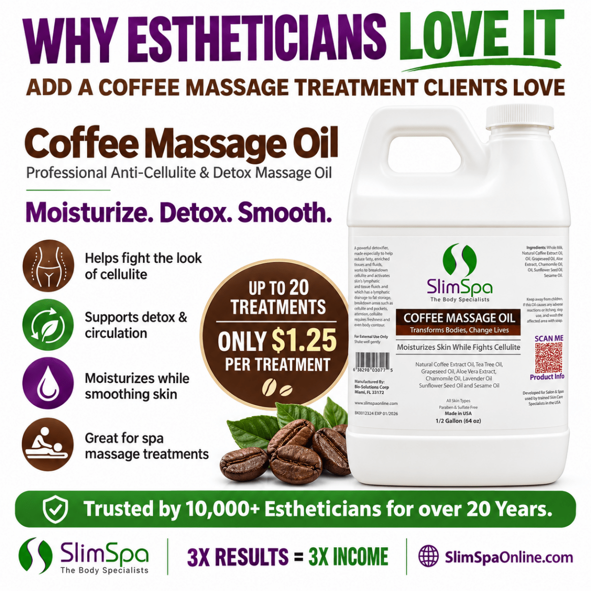 Coffee Body Massage Oil 64oz – Professional Anti-Cellulite & Detox Bulk Massage Oil (1/2 Gallon) - SlimSpaOnline