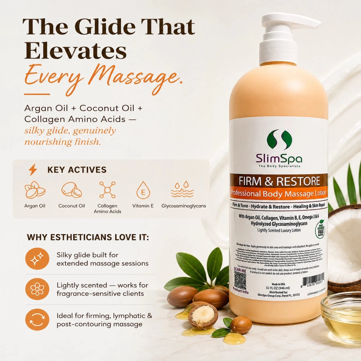 FIRM & RESTORE Professional Body Massage Lotion 32oz – Collagen, Argan Oil & Lymphatic Drainage - SlimSpaOnline