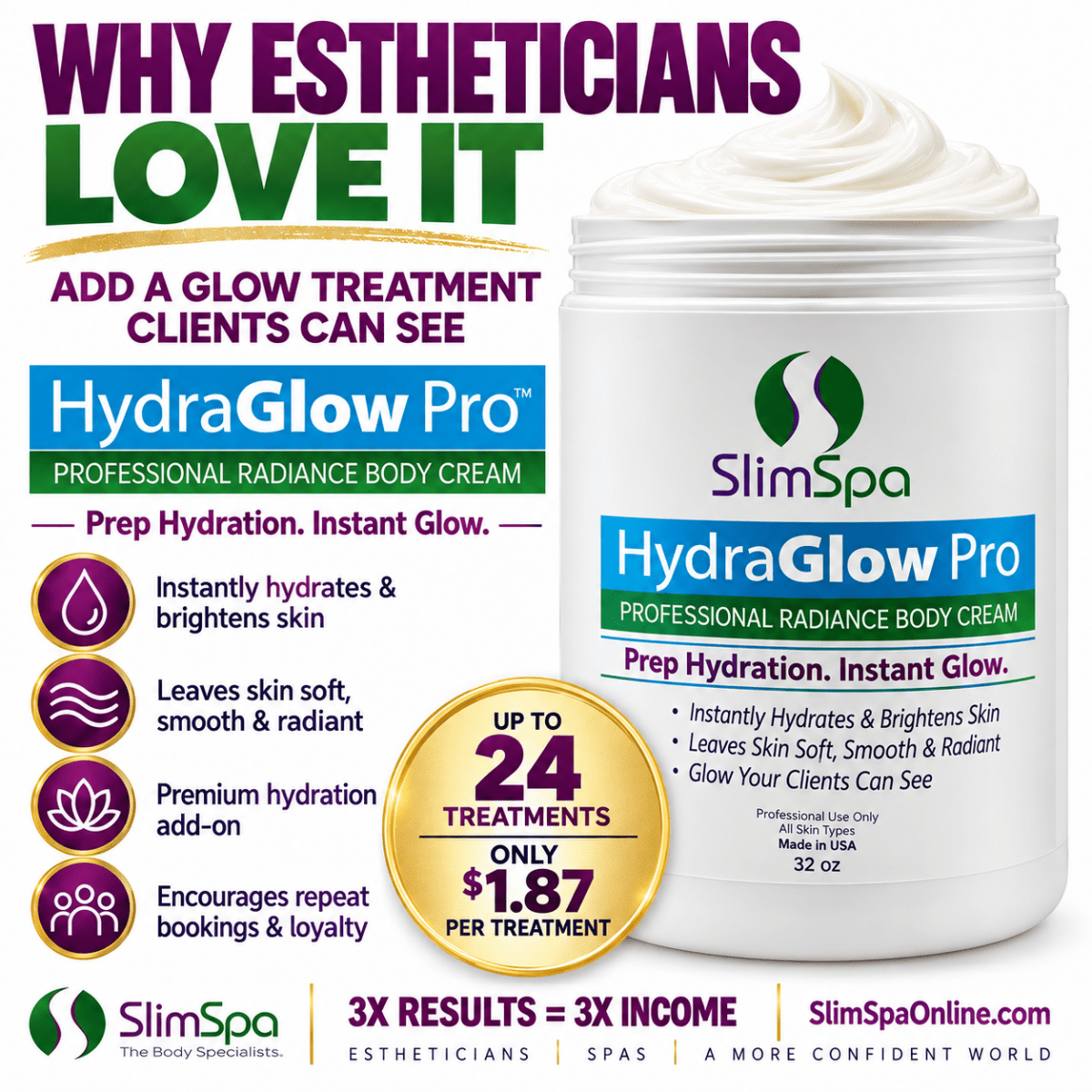 HydraGlow Pro Radiance Cream 32oz – Professional Deep Hydration & Instant Glow Body Treatment - SlimSpaOnline